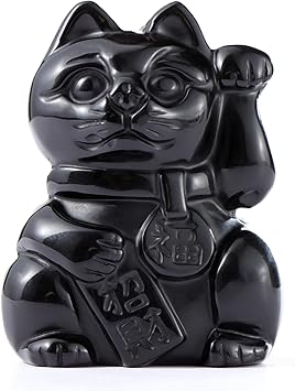 Artistone Black Obsidian Crystal Maneki Neko Money Feng Shui Fortune Lucky Cat Collectible Figurine Gemstone Sculpture for Attract Wealth Good Luck Home&Shop Decorations