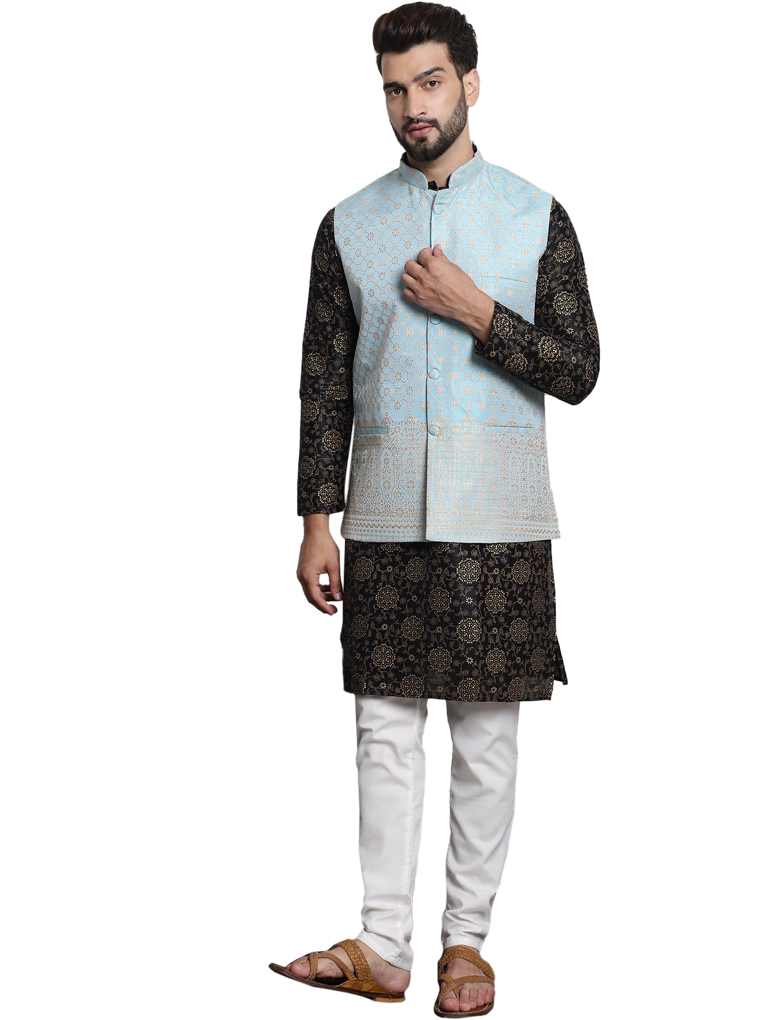 SOJANYA (Since 1958 Men's Silk Blend Print Black Kurta and Off-White