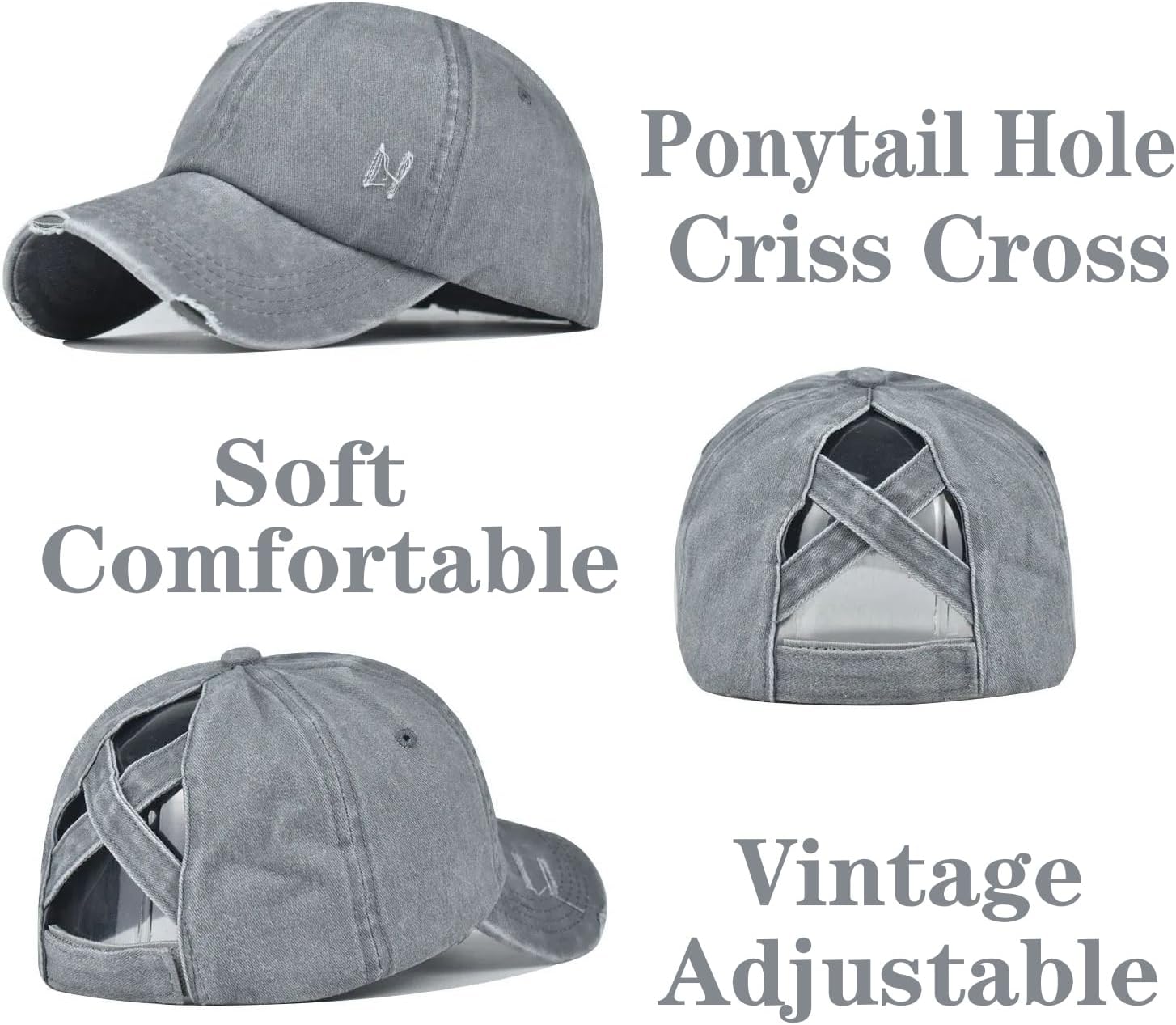 2 Packs Distressed Ponytail Hat for Women Criss Cross Hat Baseball Cap Pony Tail Caps High Bun - Image 4