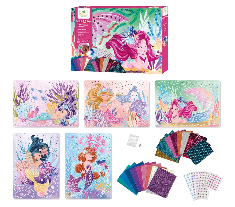 Kit De Mosaïques Sirènes Sycomore Stick'N Fun XL, 5 Tableaux 24x34 Cm, Plus De 2000 Autocollants