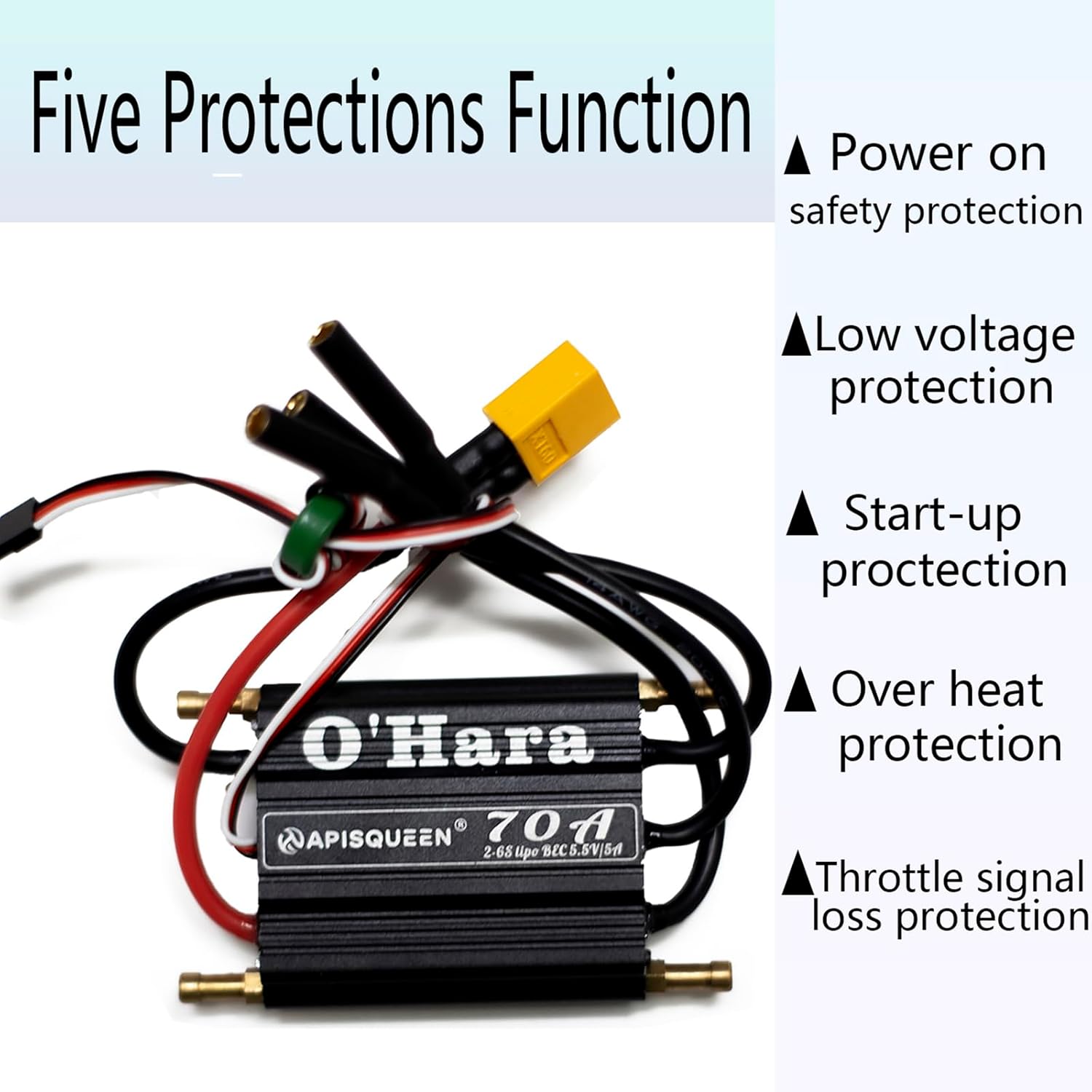 O'Hara 70A 2-6S LiPo ESC Waterproof Brushless Electronic Speed Controller with BEC and XT60 4.0mm Banana Head Connector for RC Boats Model Ship