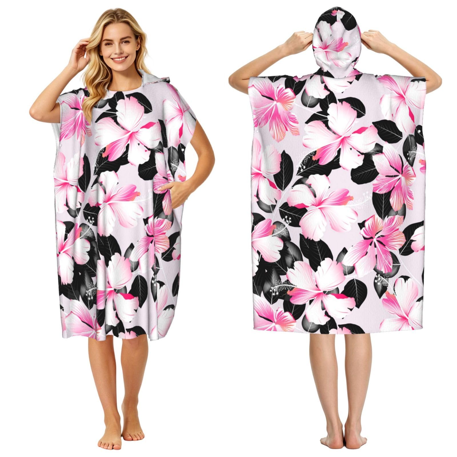 Poadnly Tropical Hibiscus Flowers With Black Leaves, Adult Hooded Beach Towel 90 x 110 cm,Changing Bath Robe, Surf Poncho Towel For Women Men