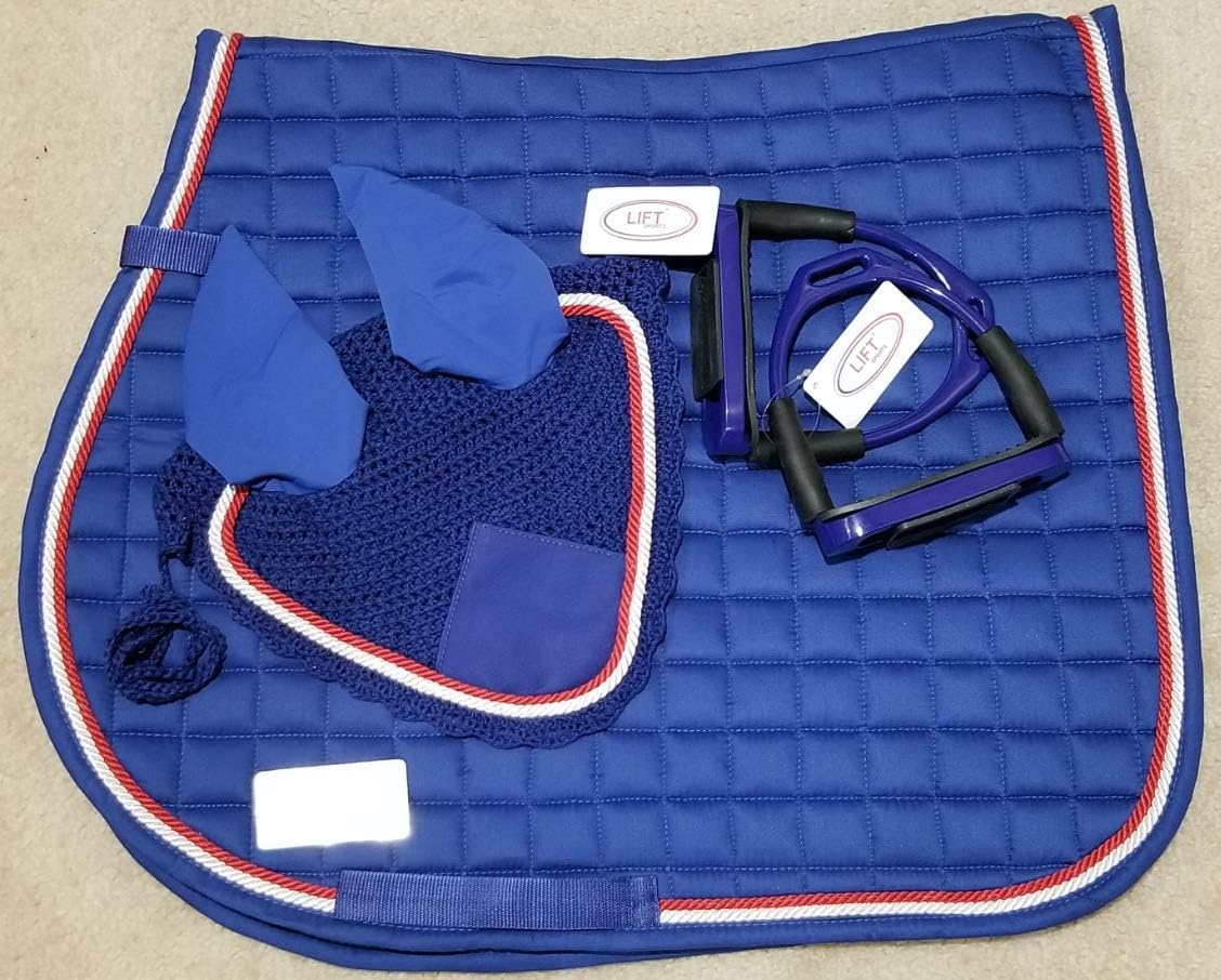 Horse English Saddle Pad Set 8 Colors with Matching Flexible Safety Stirrups Bendy Iron Fly Bonnet Veil Ear Net Full/Horse Size Cotton Hand Made Tack Equestrian Horse Shows (Rainbow)