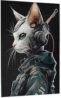 Cyberpunk White Cat with Futuristic Mechanical Headset&Tech Coat Wood Jigsaw Puzzles for Adults 1000 Pieces Cozy Evening Relaxation Enthusiasts&Cat Lovers Great Gift for Christmas&Birthday