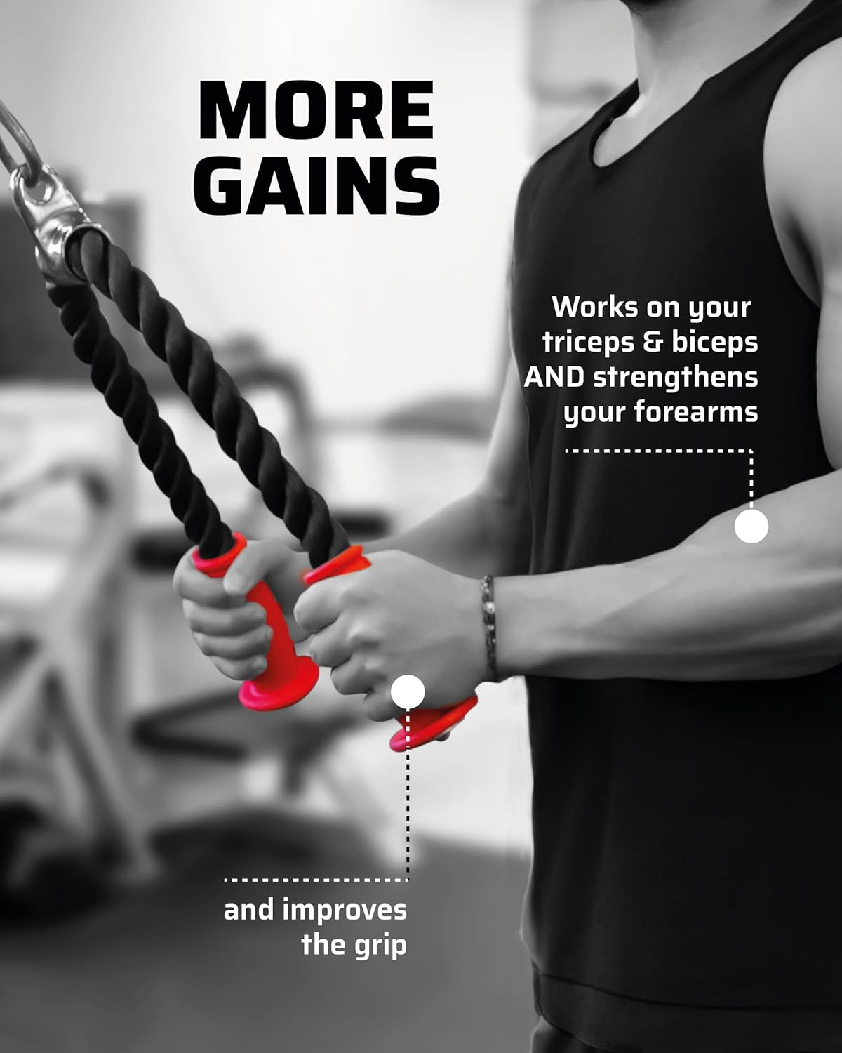 Exercise Machine Attachments Bundle – Ergonomic 30" Tricep Rope Pulldown and 1 Multifunction Extension Strap for Cable Machine Attachments (3 Snap Hooks Included)