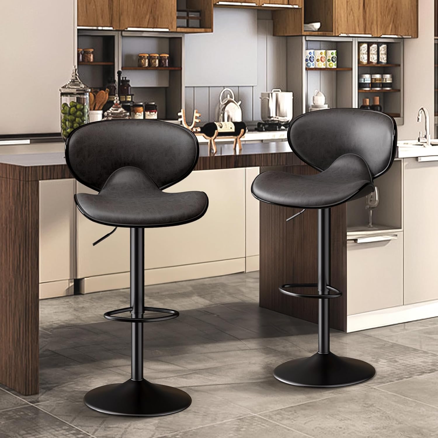 Bar Stools Set of 2, PU Leather Swivel Barstools with Back and Footrest, Counter Height Stools for Kitchen, Dining Room (Dark Grey)