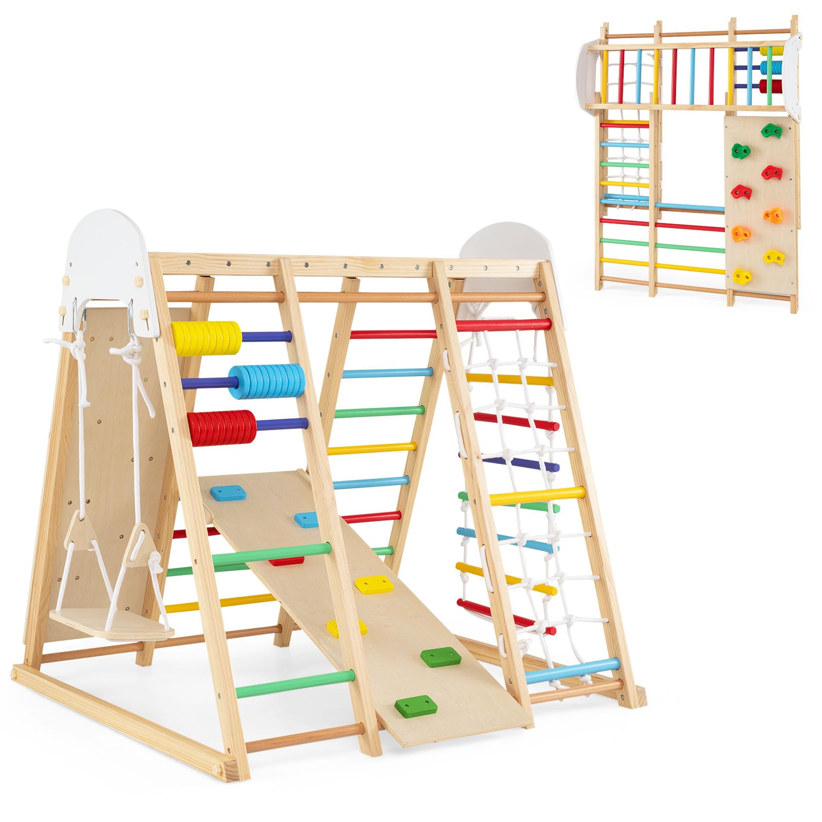 COSTWAY 8 en 1 Estructura de Escalada para Niños,Madera Maciza (Multicolor) | Juego de Escalada Montessori con Pared de Escalada, Barras de Mono y Columpio para Habitación Infantil Sala de Juego