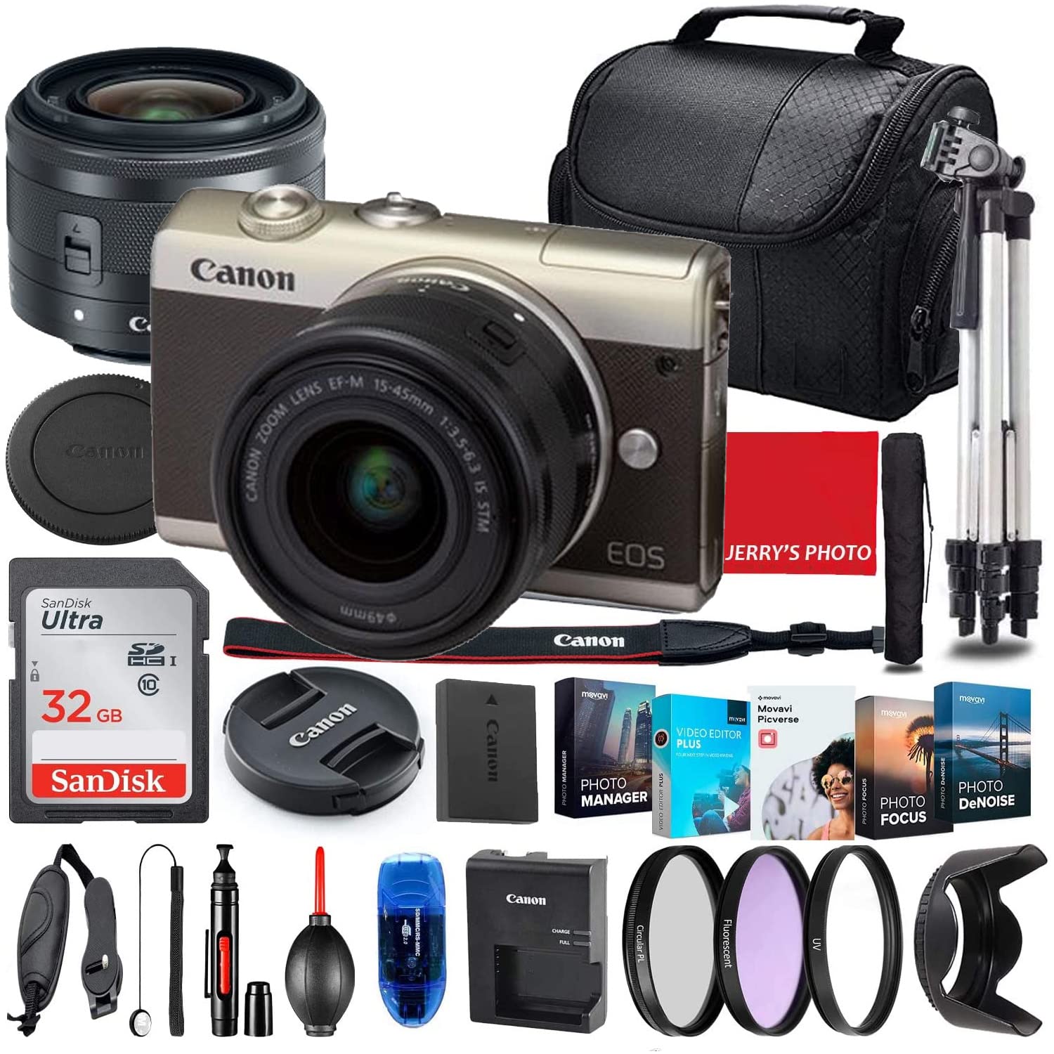 Canon EOS M200 Mirrorless Camera with 15-45mm STM Lens (Gold) Bundle + Premium Accessory Bundle Including 32GB Memory, Filters, Photo/Video Software Package, Shoulder Bag & More