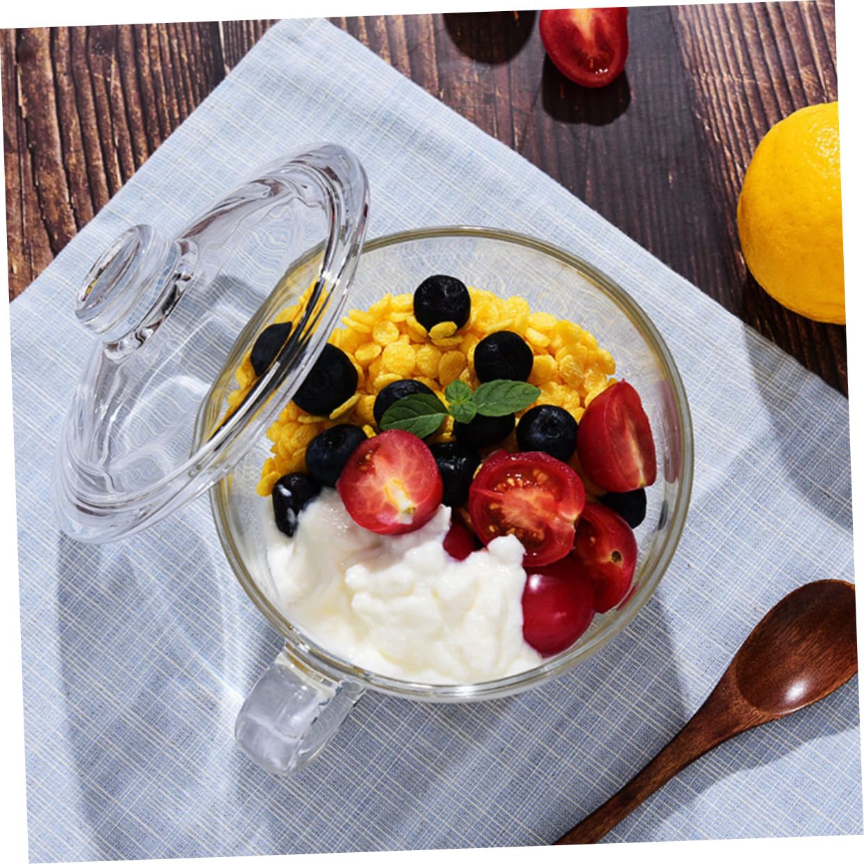NOLITOY Bol de Vidrio con Tapa y Asa Cuenco Transparente para Desayuno Ensalada y Postres Recipiente Doméstico Resistente y Fácil de Limpiar para Uso Diario