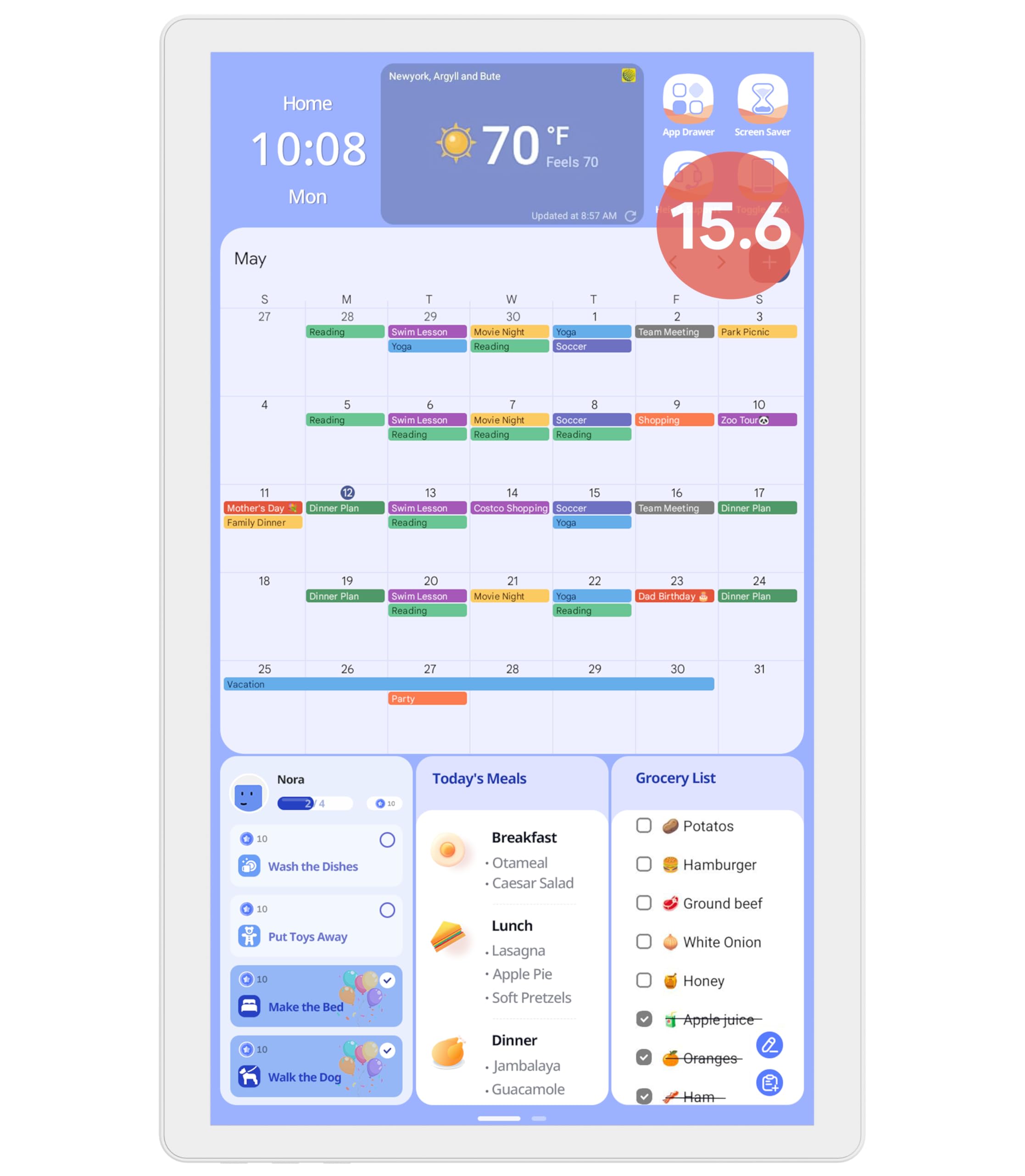 cozyla mate digital calendar 2 156 inch wall touch screen chore chart customizable dashboard smart electronic calendar for family schedules meal planner support app store with stand white