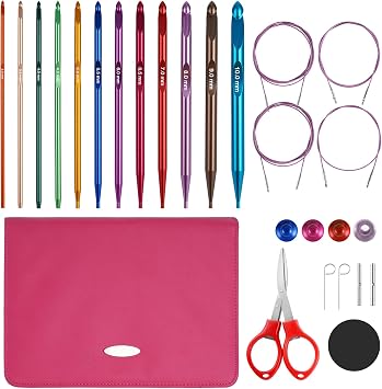 JURTMY Tunisian Crochet Hooks Set with Cable, 12 Piece Interchangeable Tunisian Crochet Hook 3mm-10mm Metal Tunisian Crochet Hooks for Crocheter Multicolor