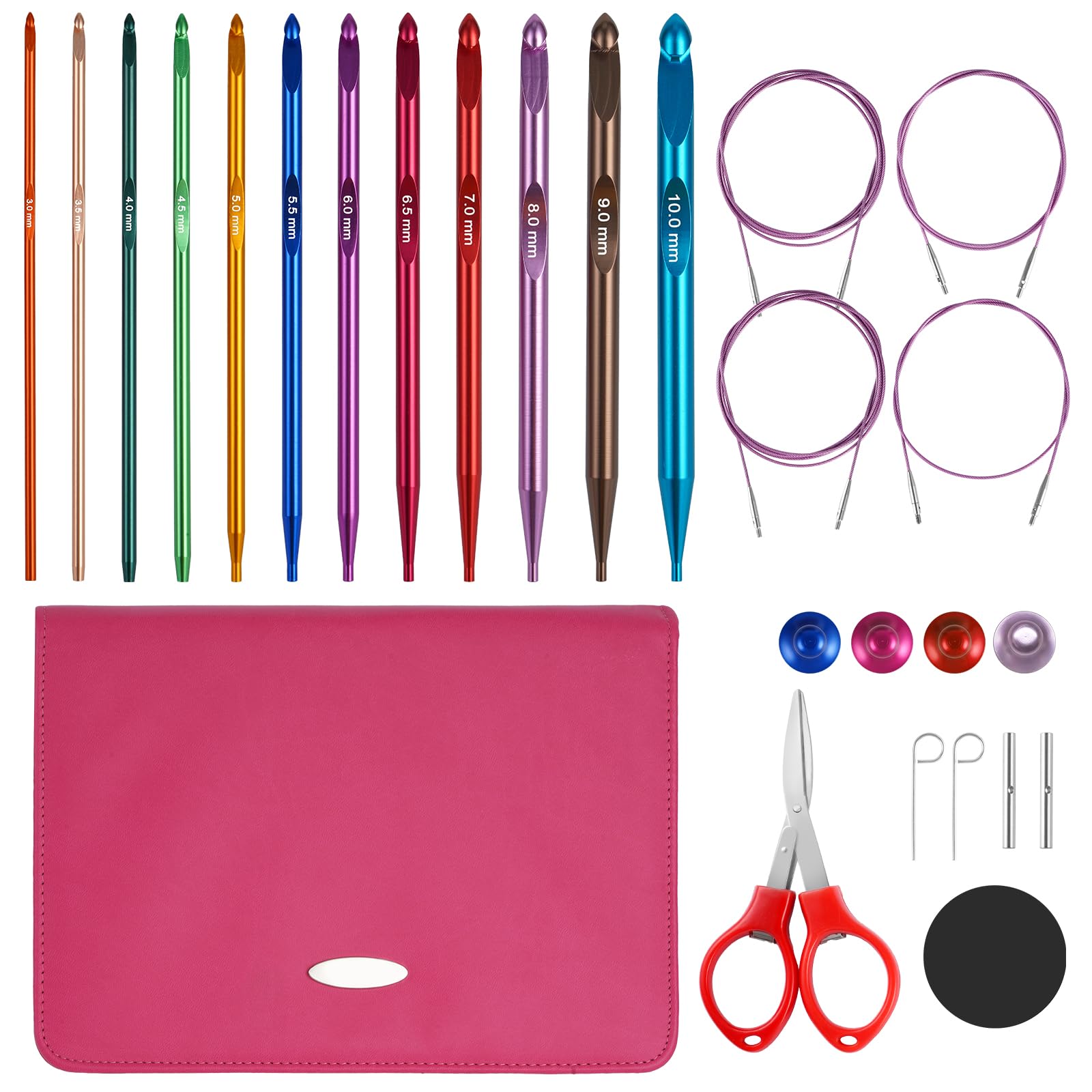 JURTMY Tunisian Crochet Hooks Set with Cable, 12 Piece Interchangeable Tunisian Crochet Hook 3mm-10mm Metal Tunisian Crochet Hooks for Crocheter (Multicolor)