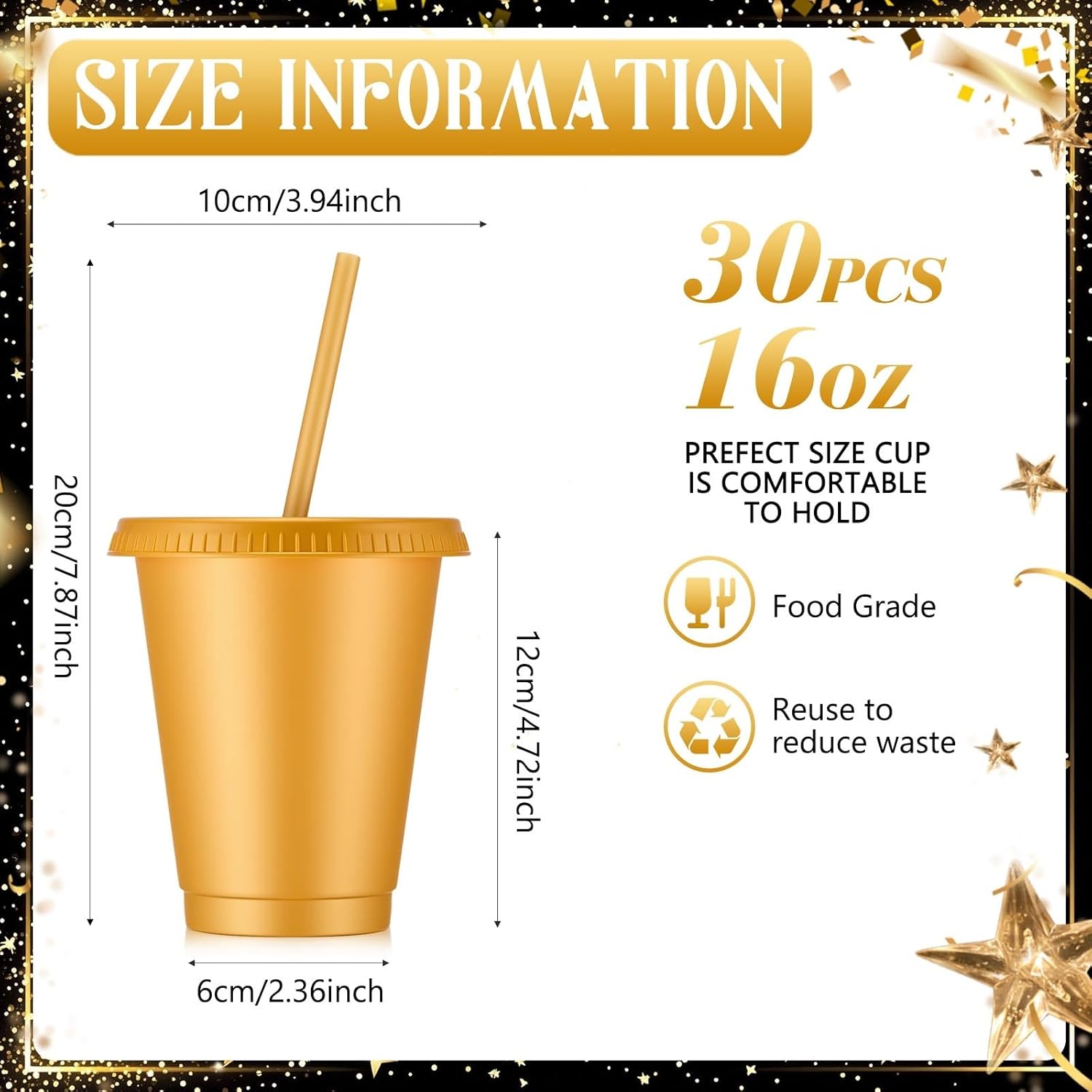 Rtteri 30 Pieces Reusable Cups with Lids and Straws 16 oz Glitter Iced Coffee Tumbler Plastic Travel Mug Cup for Smoothie Juices Valentine's Day, Birthdays, Flamingo Party Bachelor Party(Gold) - Image 2