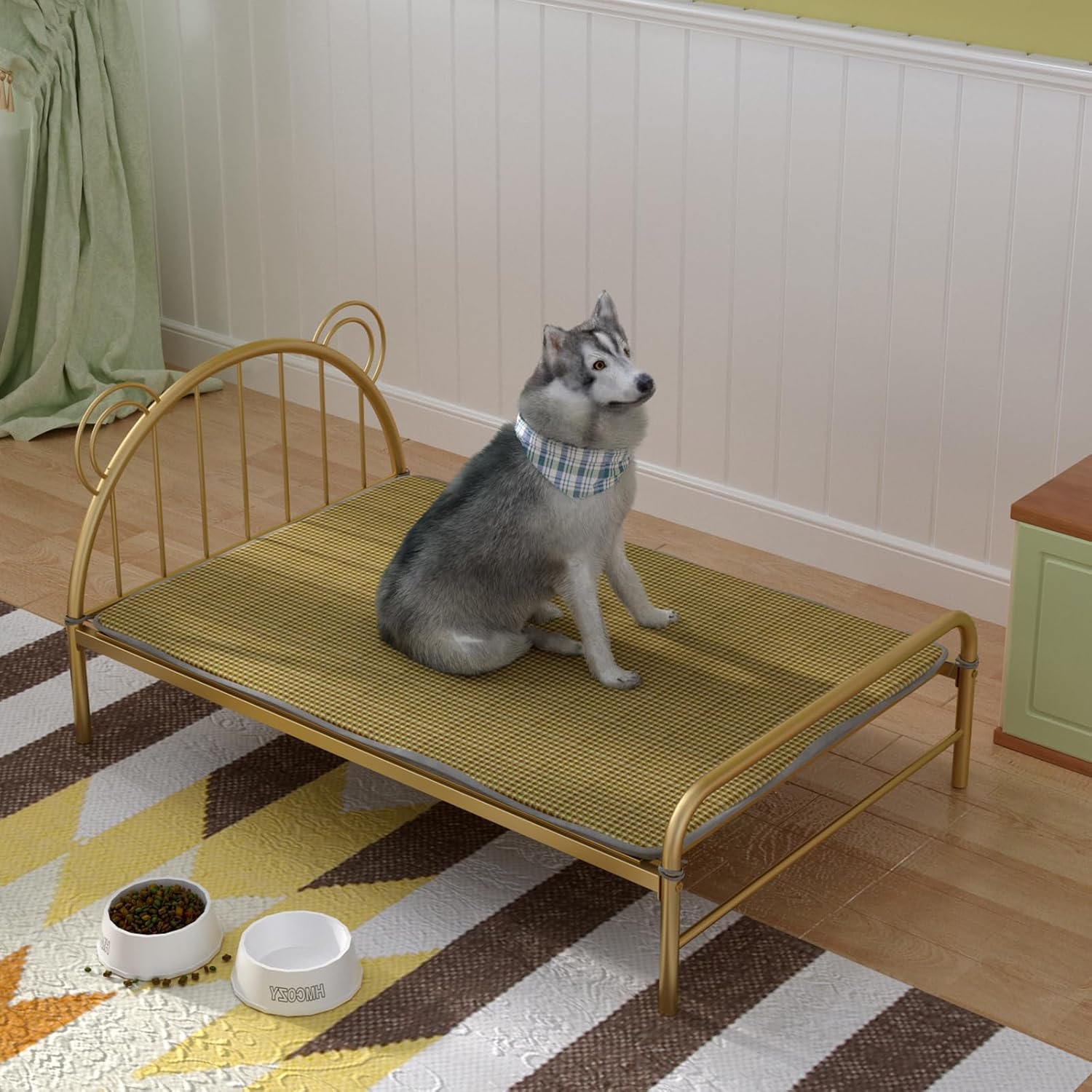 Large Dog Bed Frame - Elevated Cute Pet Metal Bed with Bear Ears Design and All-Season Mattress for Dogs and Cats, 29.5" x 46.9", Gold Large Gold