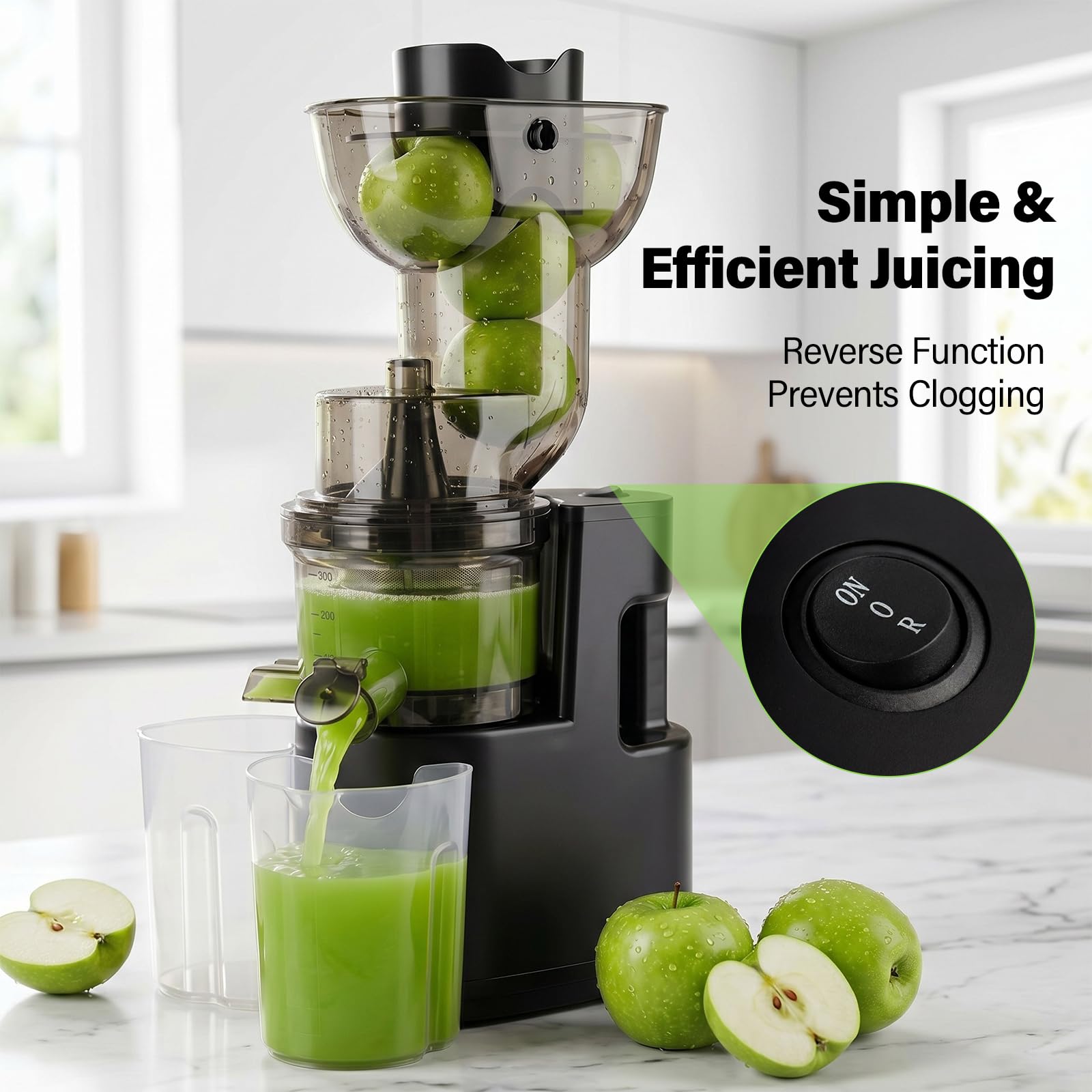 Slow Juicer 500W mit 170mm XXL Einfüllöffnung, Elektrischer Entsafter Kaltpress, BPA-frei, 3-Fach-Filtersystem, Leiser Obst- & Gemüseent­safter, Einfach zu Reinigen, Mit 2 Gläsern & Bürste
