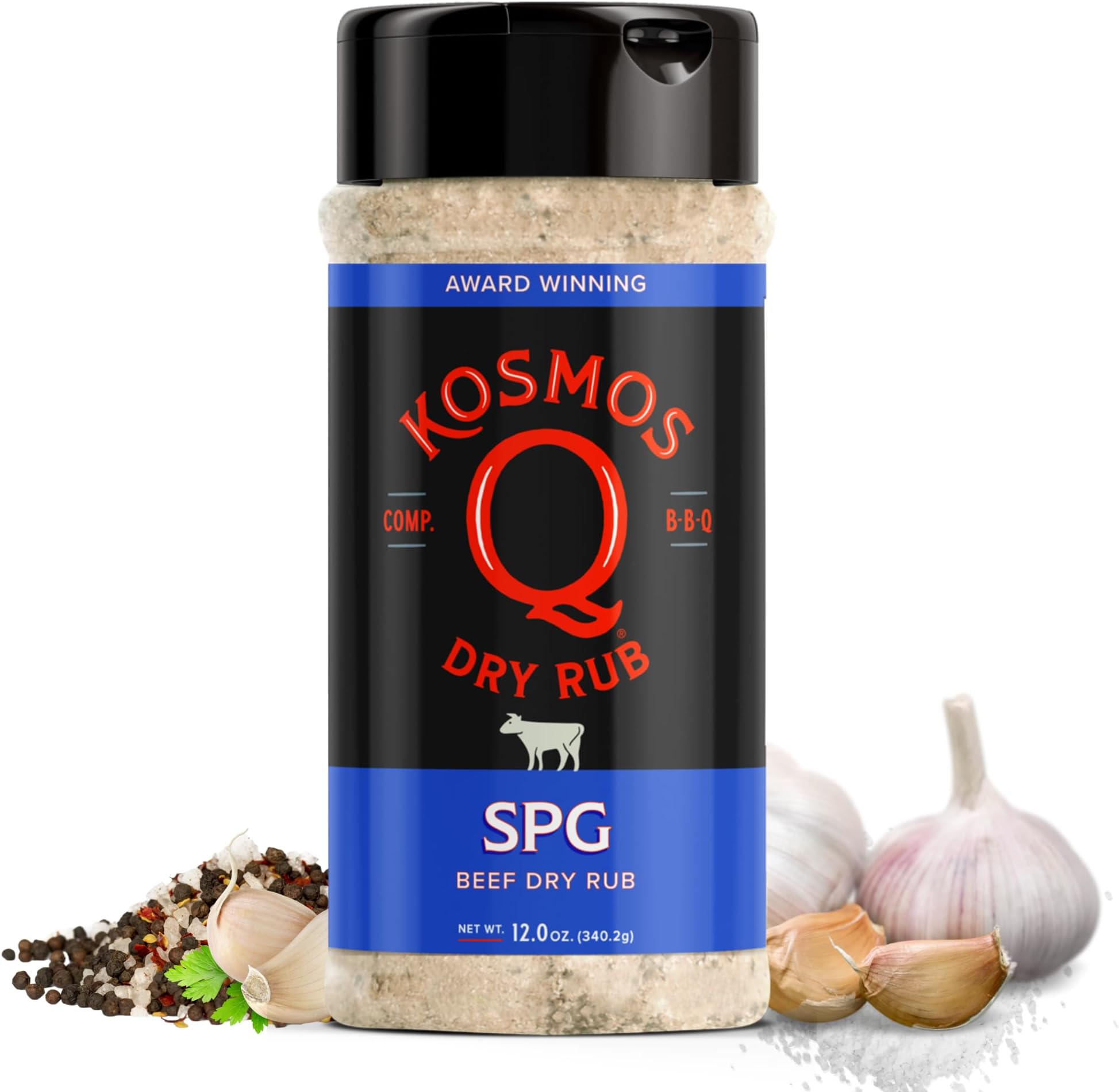 - Kosmos Q SPG BBQ Dry Rub, Bold Salt Pepper Garlic Blend with Organic Cane Sugar, BBQ Seasoning for Brisket, Chicken, Steak, Ribs, Pork, Seafood & Veggies, Meat Rub for Smoking & Grilling, 12 Oz Shaker