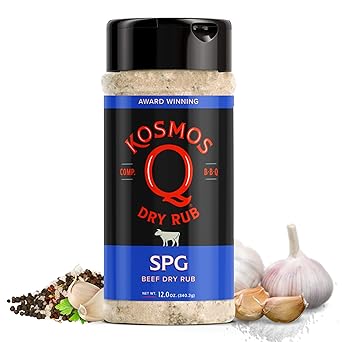 Kosmos Q SPG BBQ Dry Rub, Bold Salt Pepper Garlic Blend with Organic Cane Sugar, BBQ Seasoning for Brisket, Chicken, Steak, Ribs, Pork, Seafood & Veggies, Meat Rub for Smoking & Grilling, 12 Oz Shaker