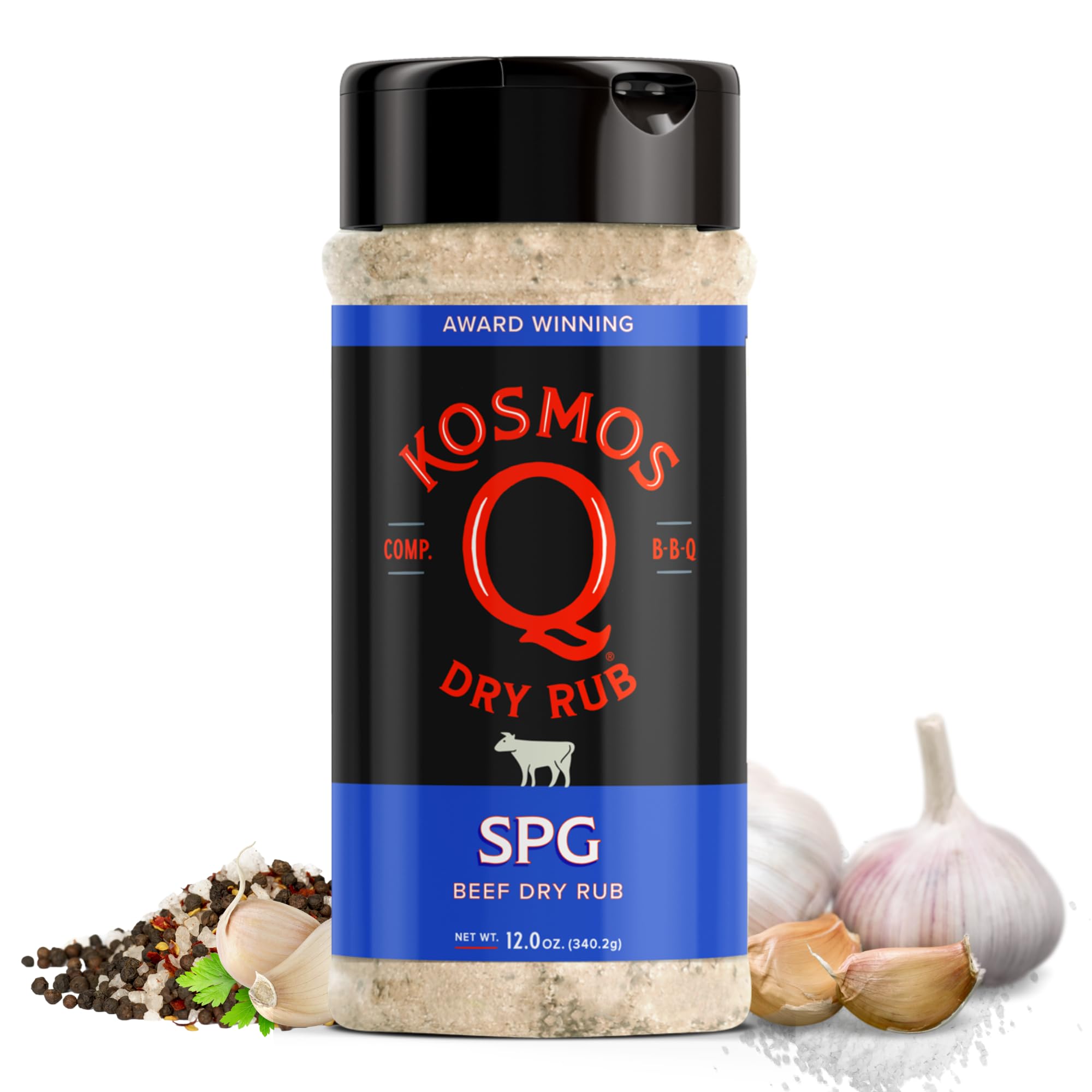 Kosmos Q SPG BBQ Dry Rub, Bold Salt Pepper Garlic Blend with Organic Cane Sugar, BBQ Seasoning for Brisket, Chicken, Steak, Ribs, Pork, Seafood & Veggies, Meat Rub for Smoking & Grilling, 12 Oz Shaker