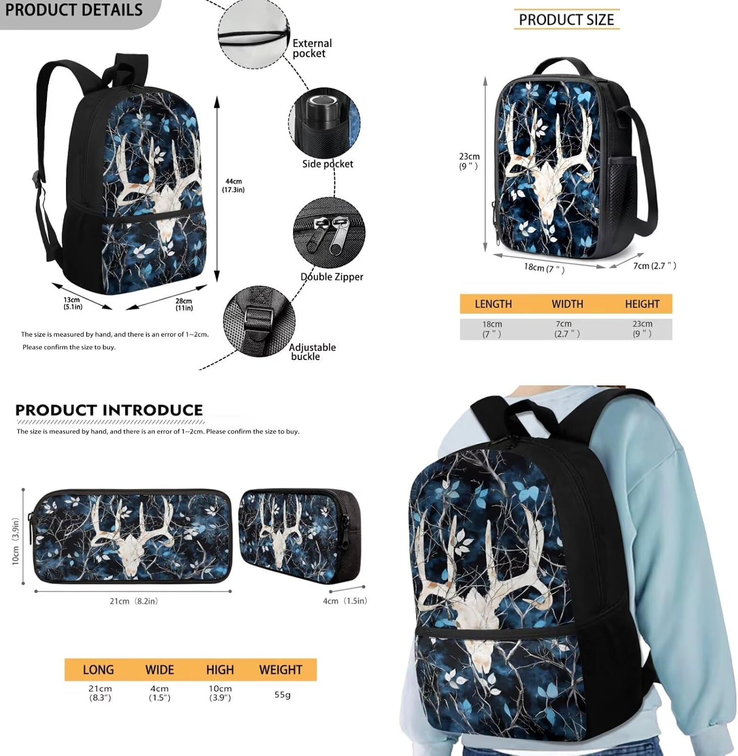 Gothic Sheep Skull Backpack for Boys with Lunch Box Cool Lightweight Boys School Bags 10-12 Years Old 3 in 1 Personalized Aesthetic Kids Lunch Tote Bag