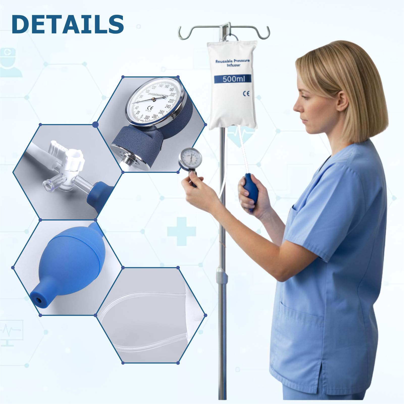Sac de pression portable de 500 ml – Manchette de fluides IV avec jauge et pompe pour une utilisation d'urgence et clinique, matériau composite en nylon durable (blanc)