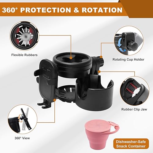 Miniatura 4 de Soporte universal para teléfono 3 en 1 para cochecito con soporte ajustable para teléfono, soporte doble para taza para silla de ruedas Walker (rosa)