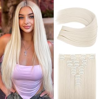 REECHO 11PCS Clip-In Hair Extensions 24" Platinum Blonde Straight HE005 - Thick Synthetic Volume for Women