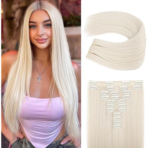 REECHO Hair Extensions, 11PCS Clip in Hair Extensions 24" Long Straight hair extensions HE005 Natural Soft Synthetic Hairpieces for Women – Platinum Blonde