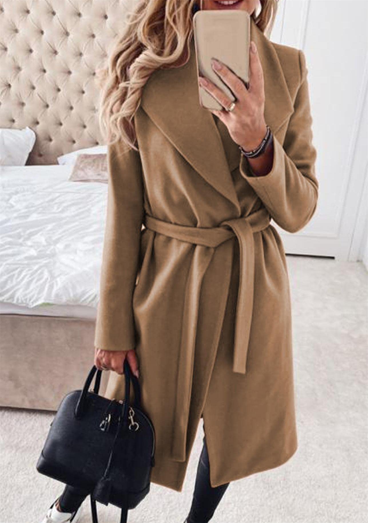 YMING Donna Cappotto Elegante Con Risvolto In Misto Lana Cappotto Con Cintura In Vita Avvolgere Lungo Trench Pea Jacket