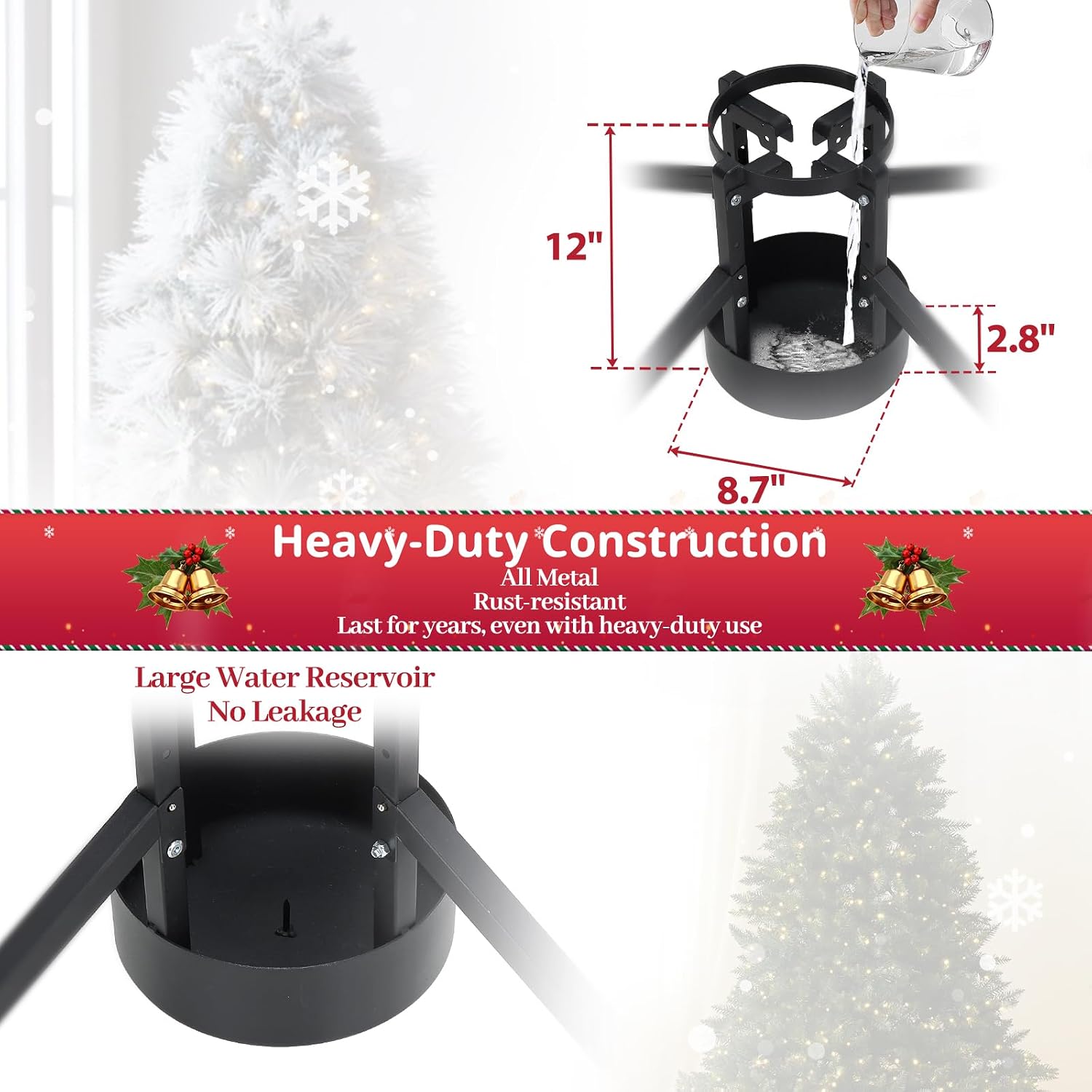 DEROFIT Real Christmas Tree Stand,Heavy Duty Detachable Christmas Tree Stand Tree Holder for Live Xmas Tree Trunks of 2 to 6, Black Xmas Tree Stand Base Fits up to 8.5FT Real Trees
