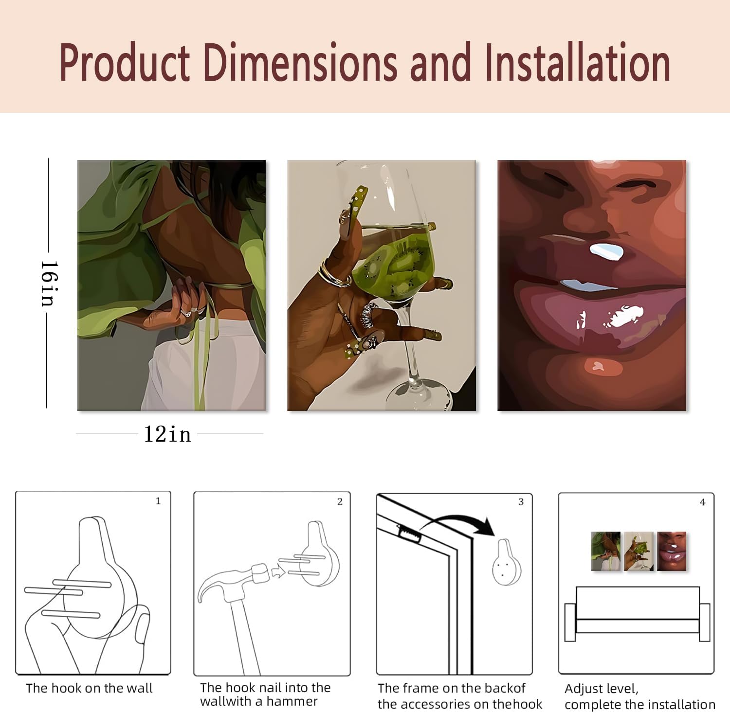 Trendy Black Girl Wall Art Set of 3, African American Woman Canvas Painting Fashion Abstract Black Women Wall Decor Home Aesthetic Poster Prints for Living Room Bedroom Bathroom 12x16 Inch Framed