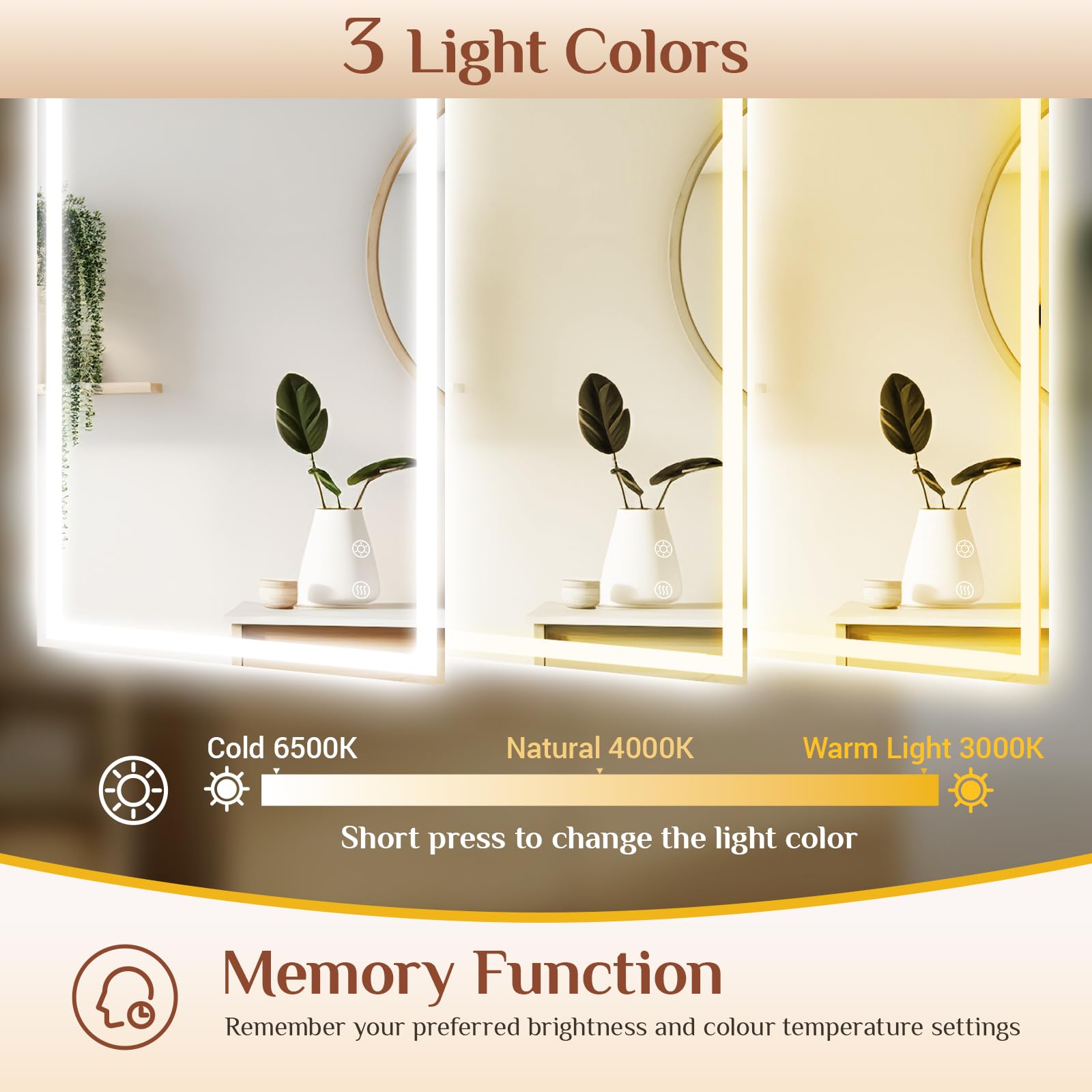 Clevich Specchio da bagno con illuminazione 120 x 60 cm, specchio LED con 3 colori di luce, dimmerabile, vetro temperato, protezione contro le esplosioni, interruttore touch, funzione memoria