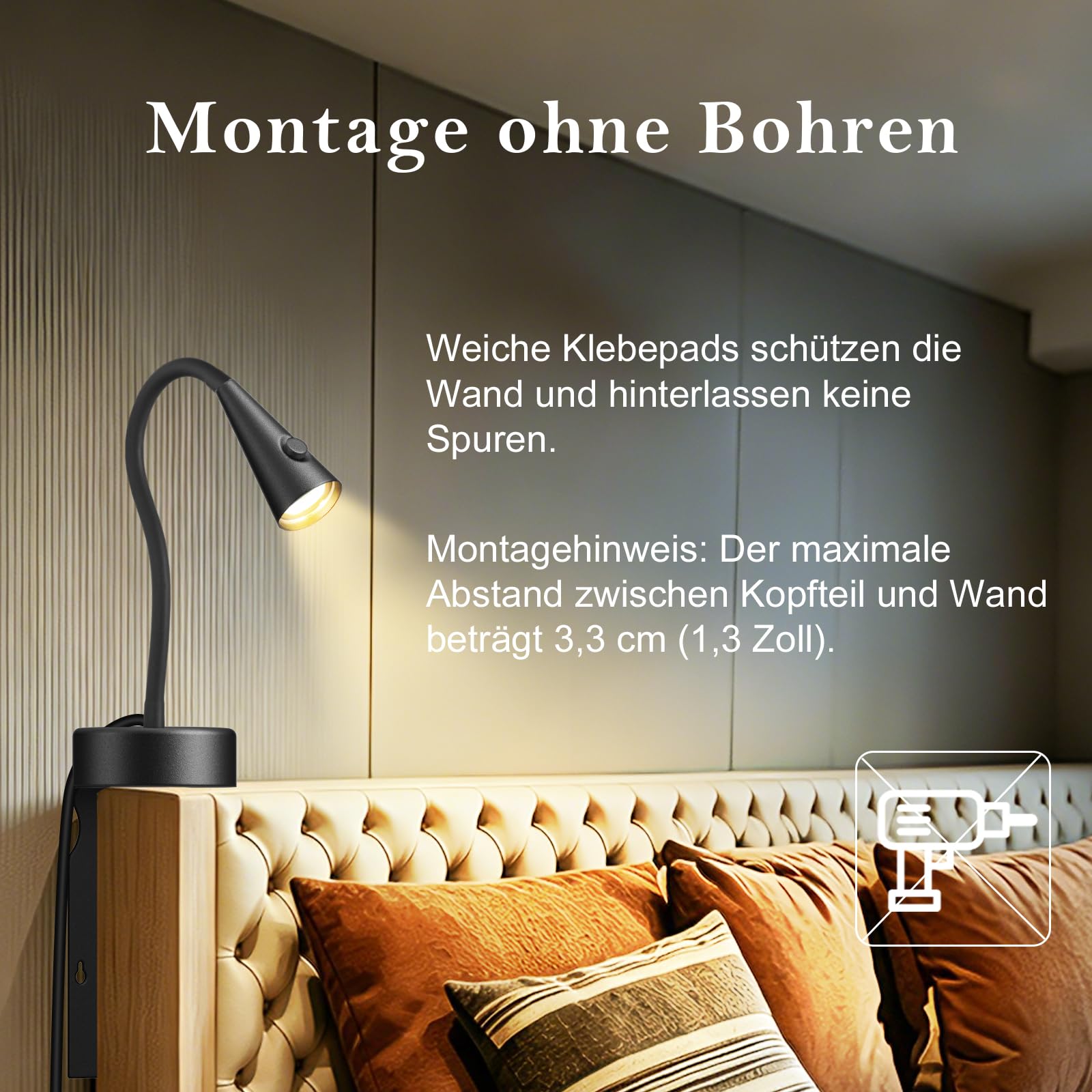 LED Leselampe Bett ohne Bohren, Einschub Wandleuchte für Kopfteil, Dimmbar & Farbtemperatur Einstellbar, Wandlampe mit 360° Schwanenhals, Flexible Nachttischlampe Schwarz mit Schalter
