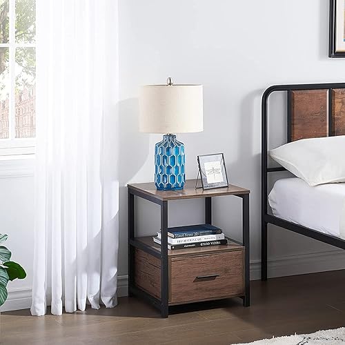 Miniatura 2 de VECELO Juego de 2 mesitas de noche, mesa auxiliar cuadrada moderna, mesitas de noche con cajón y estante de almacenamiento para dormitorio, sala de