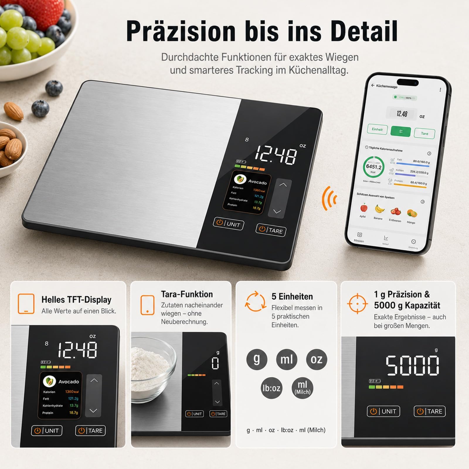 Smart Vita Küchenwaage, Smartvita Küchenwaage Kalorienwaage Hohe Präzision LCD-Display für Kochen Und Backen, Einfach Zu Reinigen Haushalt Und Profi