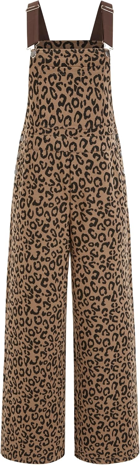 CIDER Womens Leopard Print Overall Jumpsuit Square Neck Wide Leg Bib Pants | Adjustable Shoulder Straps Full Length Practical Pockets Casual Layering