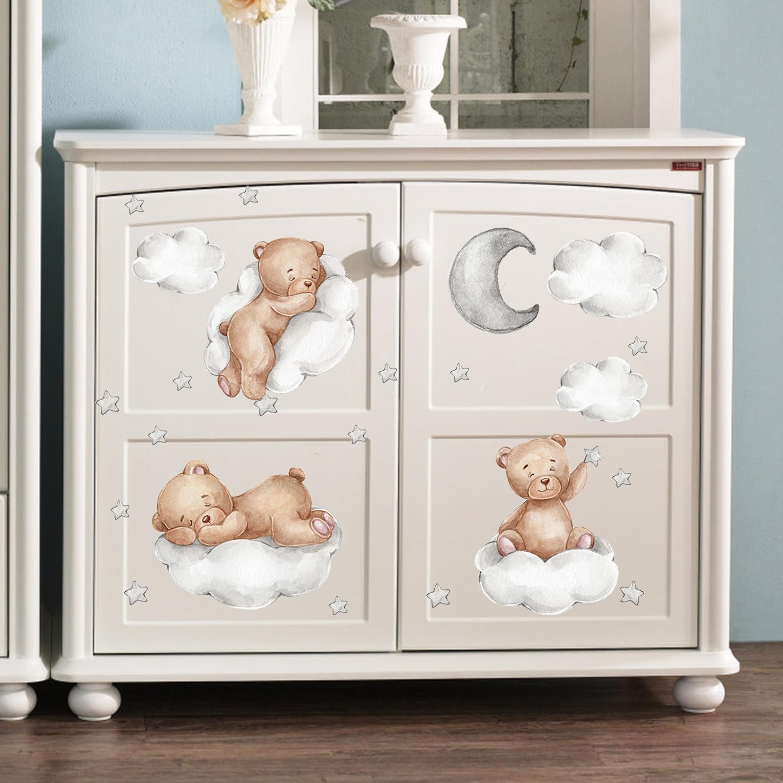 Stickers Muraux Enfant Ourson Lune Étoiles Nuages - Autocollants Amovibles Décoration Chambre Bébé Crèche 80x63cm
