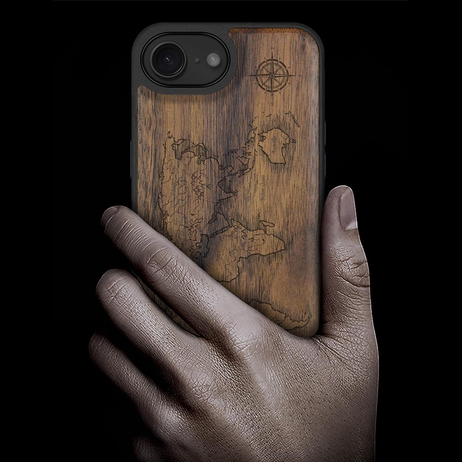 Carveit Magnetic Wooden Case for iPhone 16e / 17e, Solid Wood & Black TPU, Artisan Engraved Design, Shockproof Cover, Compatible with MagSafe Wireless Chargers, Compass Maps - Walnut