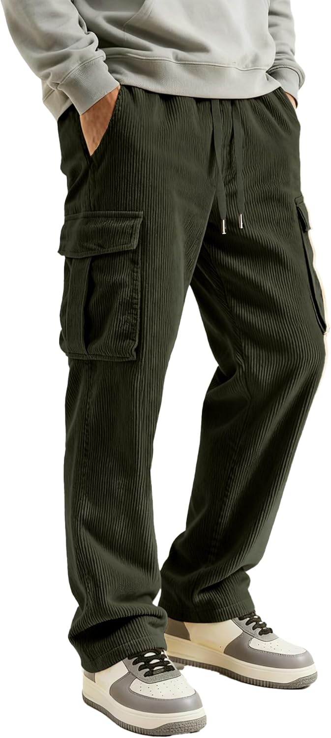 PLEPAN Men's Cargo Corduroy Straight Leg Pants Regular Fit Casual Pants with Pockets Elastic Waist Drawstring Sweatpants