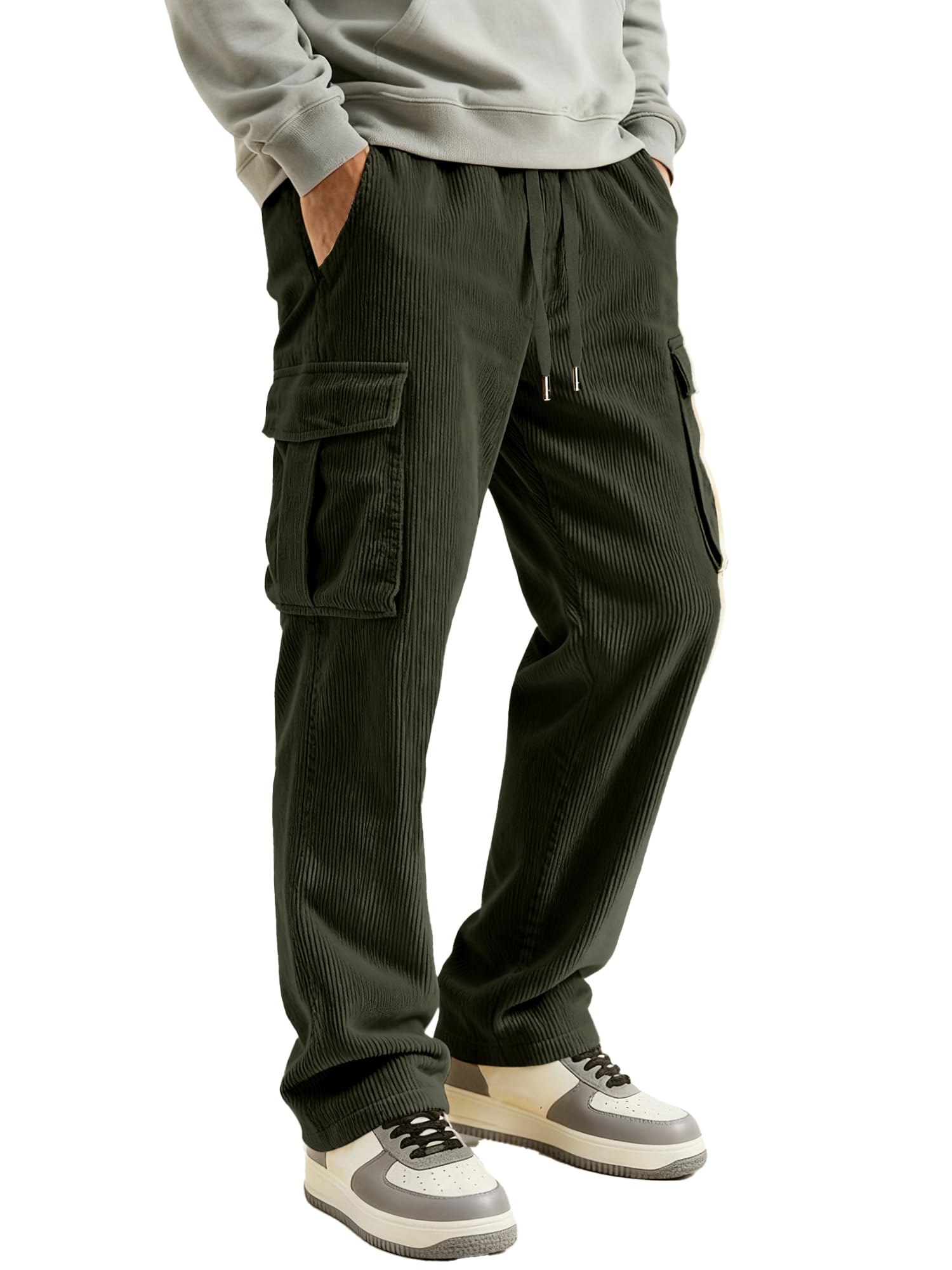 Men's Cargo Corduroy Straight Leg Pants Regular Fit Casual Pants with Pockets Elastic Waist Drawstring Sweatpants