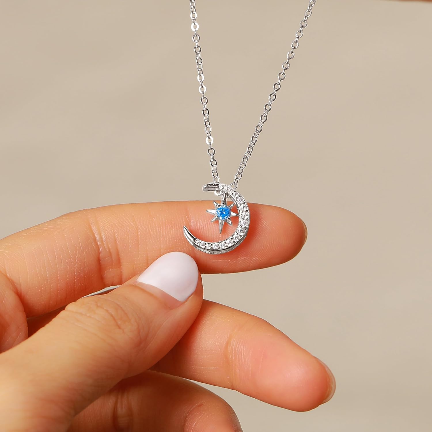 Crescent Moon Blue Star Necklace for Women 925 Sterling Silver Dainty Cubic Zirconia Pendant Necklace Trendy Choker Necklace Jewelry Birthday Christmas Gifts - Image 6