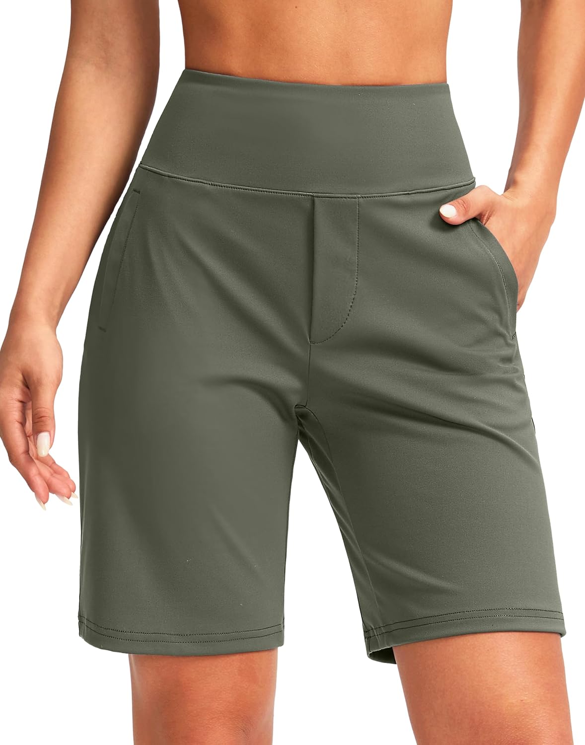SANTINY Women's 9" High Waisted Bermuda Shorts with 4 Pockets Knee Length Long Shorts for Women Workout Athletic Casual