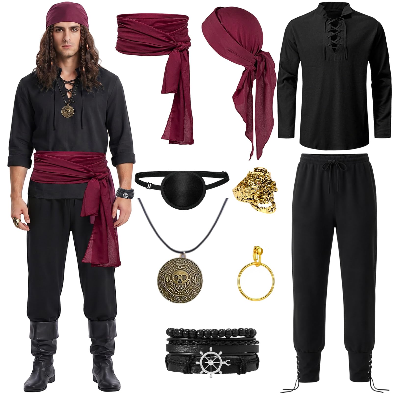 Crittygo Pirate Costume Men Adult, Pirate Outfit Set with Bandana Necklace Eye Patch Ring Bracelet, Pirates Fancy Dress for Halloween Carnival Cosplay Party — image 1
