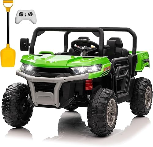 COLOR TREE Camión volquete de 2 plazas de 24 V para niños con motores de 2 x 200 W, cama eléctrica y pala, auto UTV con control remoto, neumáticos