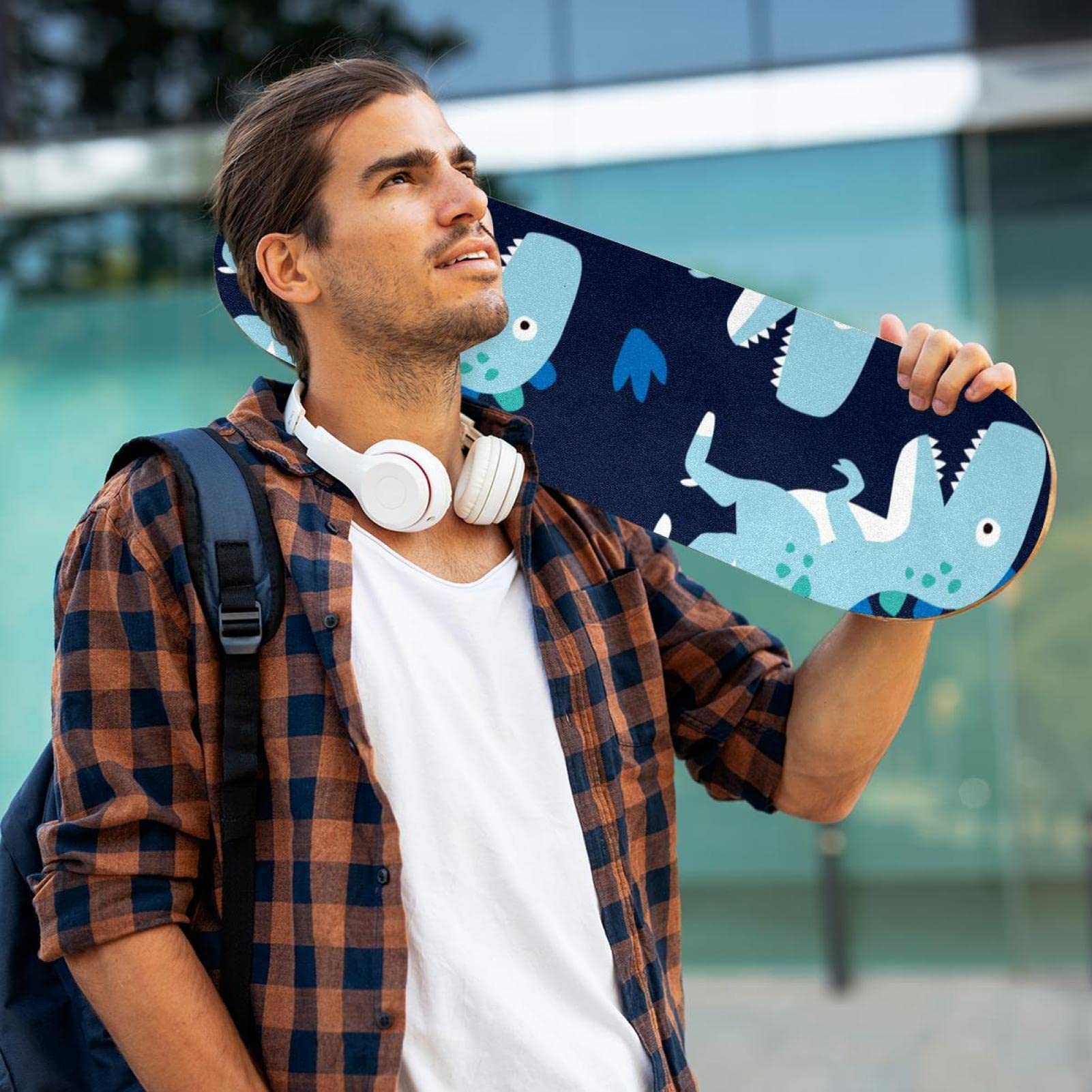 Lot de 2 feuilles de papier abrasif motif dinosaure bleu pour planche de skateboard et longboard