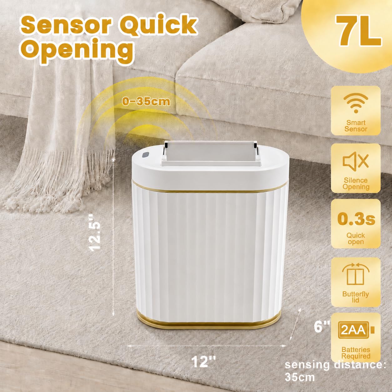 Cubo de Basura con Sensor 7L para Baño, Estrecho, Blanco