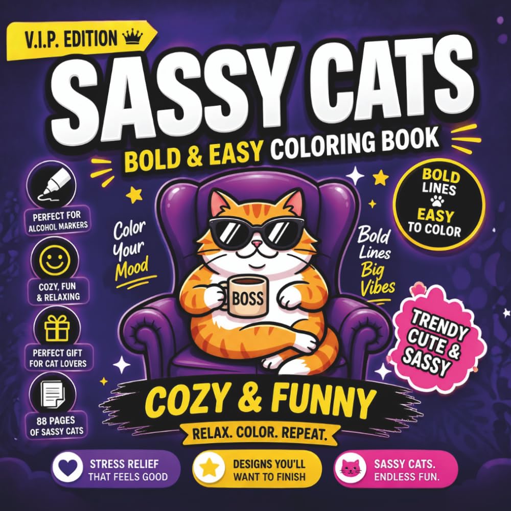 Sassy Cats: V.I.P. Edition | Funny and Cozy Bold and Easy Coloring Book for Adults and Teens | Cute Simple Cat Puns and Grumpy Kitten Designs for Alcohol Markers | 8.5 x 8.5 Inch Square Edition