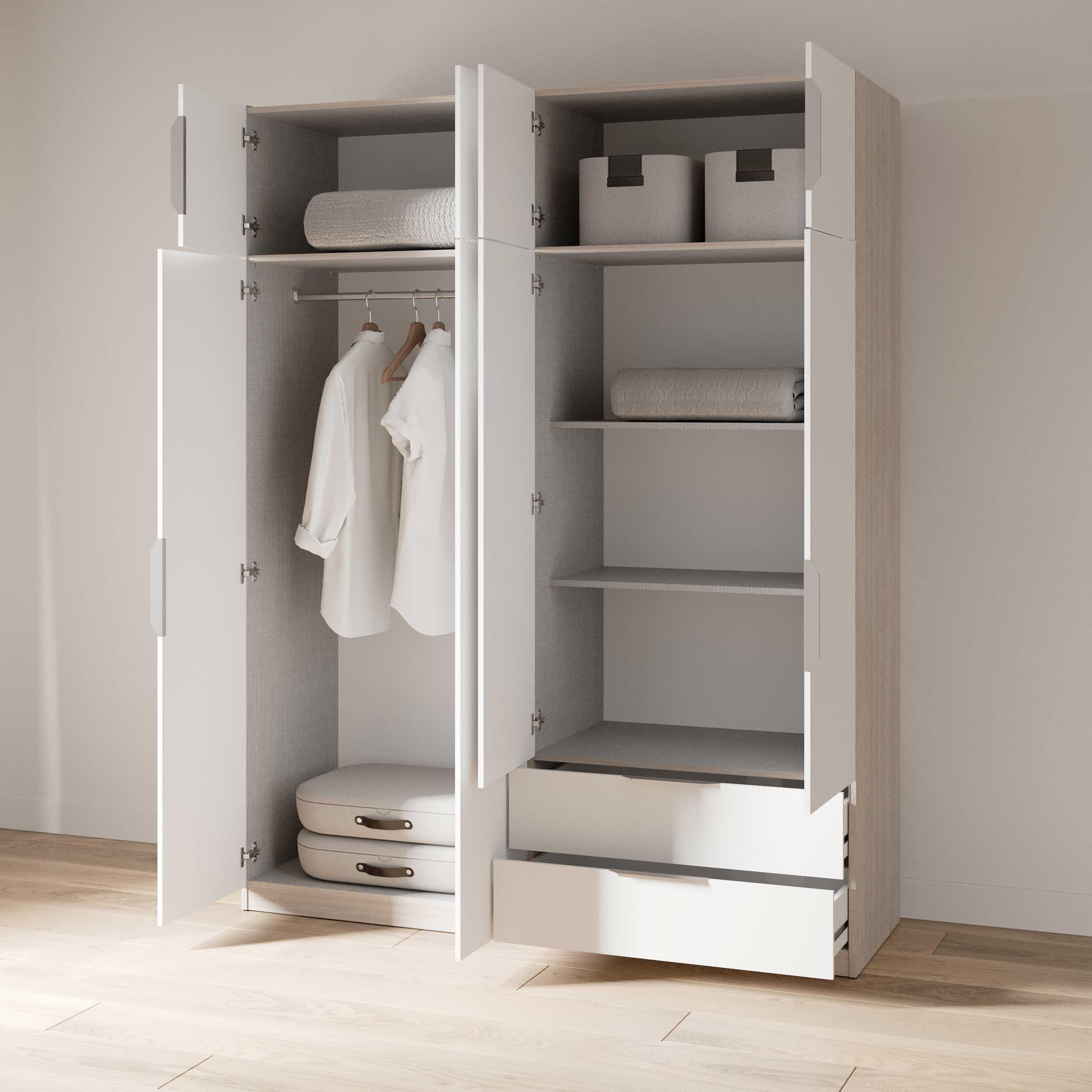 Demeyere 391387 Vestidor con Armario Moderno 8 Puertas 5 estantes 2 cajones, Color Roble Kronberg y Blanco Mate, 157,3 x 51,1 x 203 cm, Madera de ingeniería, Gris