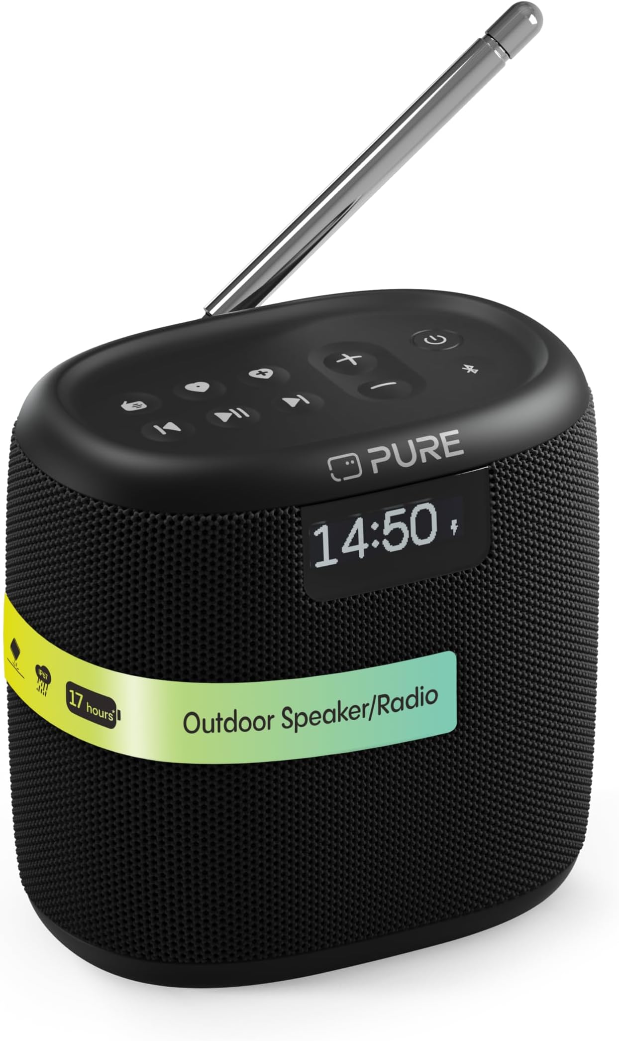 Pure Woodland Mini Outdoor Speaker with Bluetooth & DAB+/FM Radio (waterproof IP67, robust, portable, 17h battery, prerfect for garden & camping) Black
