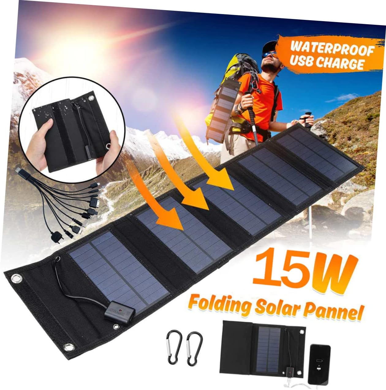 1Set Foldable Dc Solar Phone Charger Portable USB Solar Panel for Camping Hiking and Rvs with Intelligent Ic Protection Lightweight Design and Hook Loop Pocket