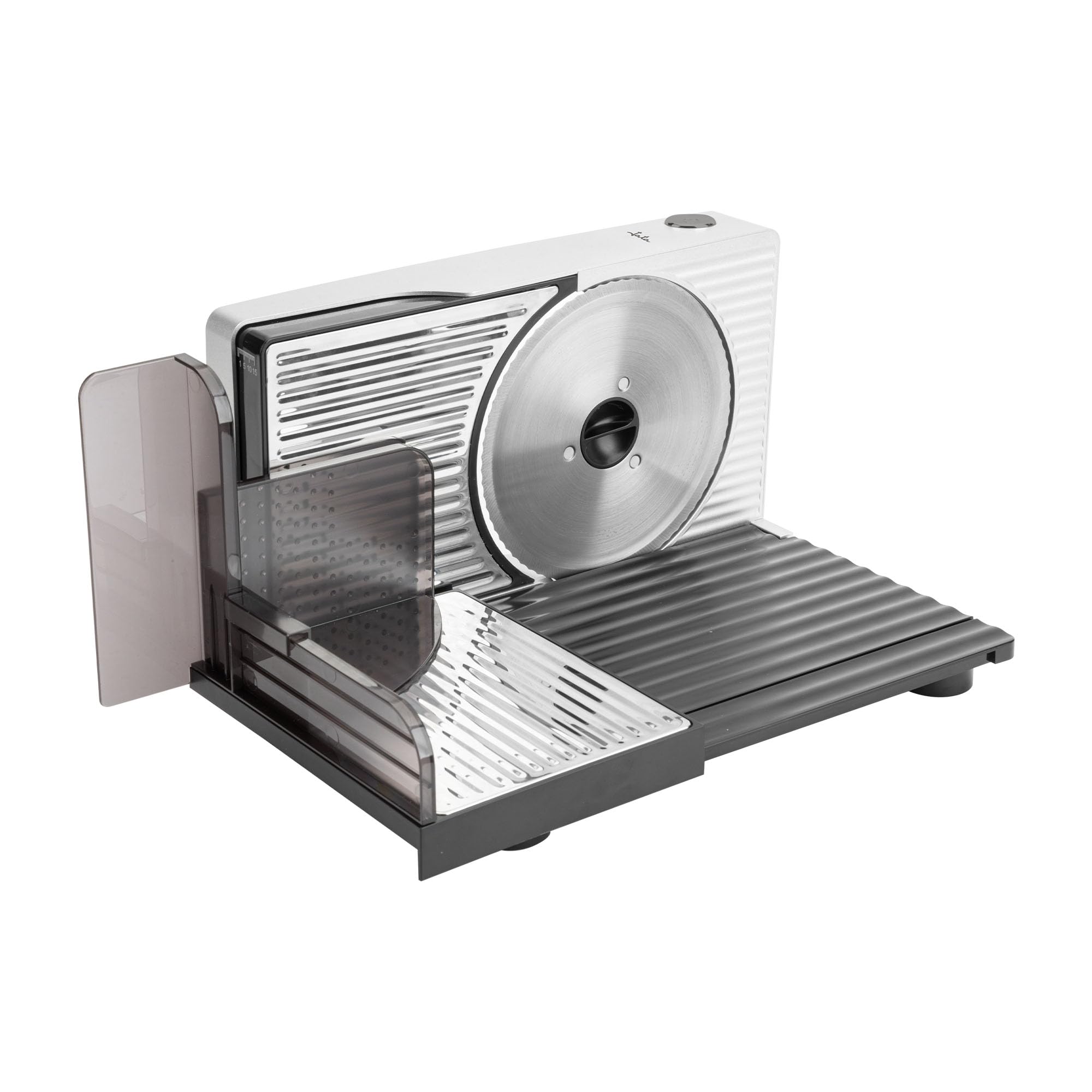 Jata JECF1820 - Cortafiambres Electrico con Cuchilla de Acero Inoxidable Extraíble. 17 cm de Diámetro. Regulador de Grosor 0 a 15 mm. Sistema de Seguridad. 120 W. Base Plegable. Corte preciso